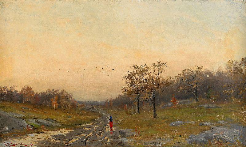 Mauritz Lindstrom Autumn Landscape with a Woman on a Road oil painting picture